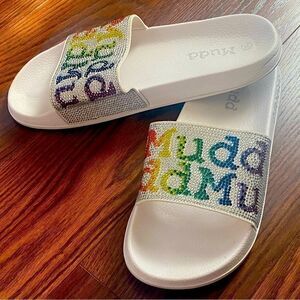 MUDD Designer Slip On Sandals Rainbow Sparkly Gems